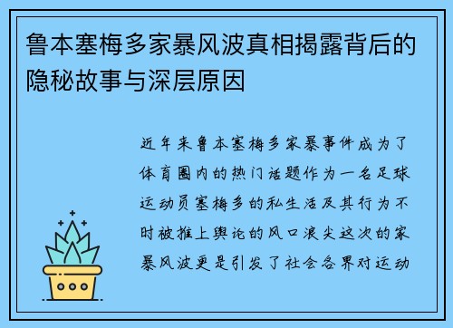 鲁本塞梅多家暴风波真相揭露背后的隐秘故事与深层原因