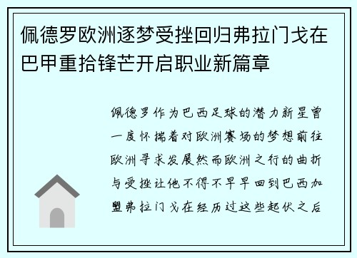佩德罗欧洲逐梦受挫回归弗拉门戈在巴甲重拾锋芒开启职业新篇章