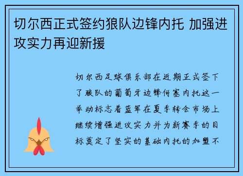 切尔西正式签约狼队边锋内托 加强进攻实力再迎新援
