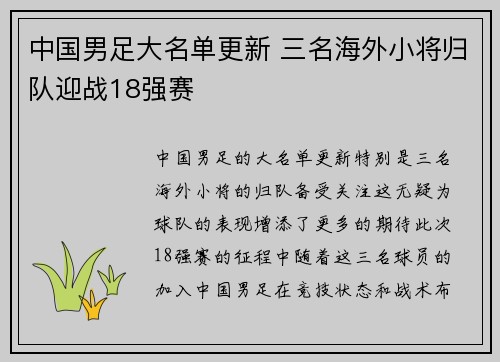 中国男足大名单更新 三名海外小将归队迎战18强赛